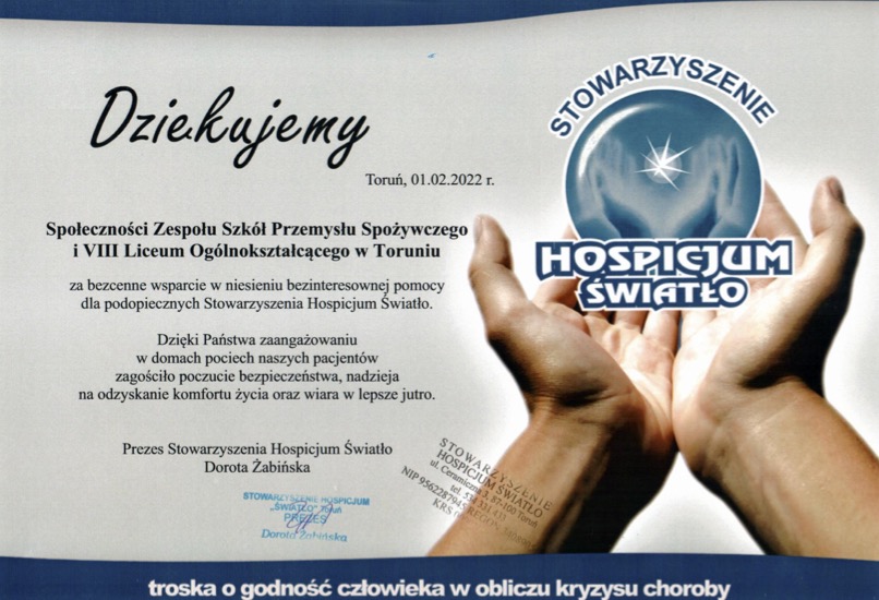 Grafika przedstawia podziękowania od Hospicjum Światło