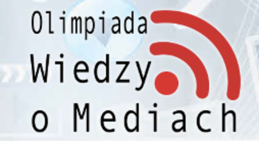 Grafika zawiera czarny napis na niebieskim tle: Olimpiada wiedzy o Mediach